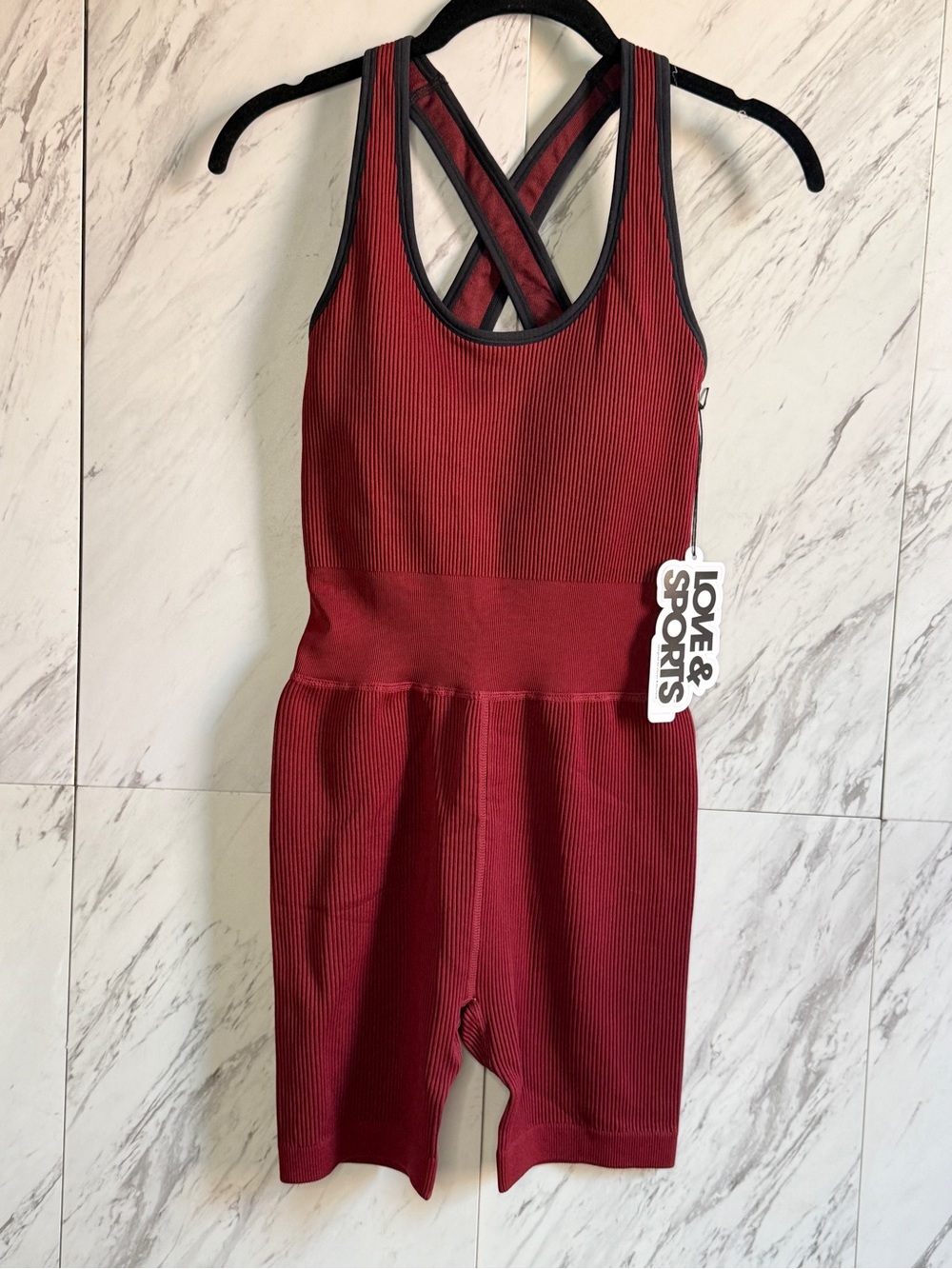NWT Bundle of 2 Love & Sports Ribbed Crisscross Racerback Biker Short Rompers S - Picture 2 of 12